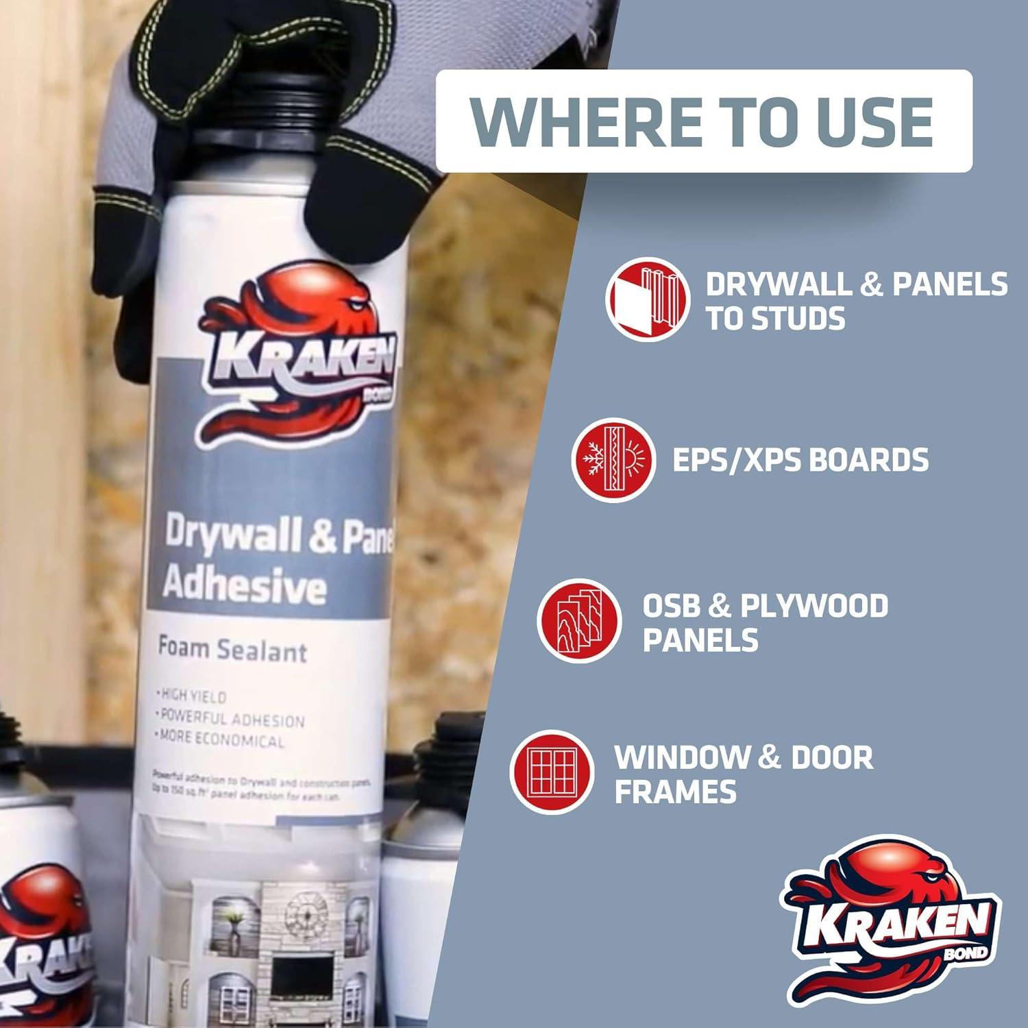 image:imageKRAKEN BOND Drywall amp Panel Adhesive Foam 12x24oz HeavyDuty FastCuring Construction Adhesive for Concrete Wood and Heat Insulation Applications 12 PackDrywall Panel Foam Set