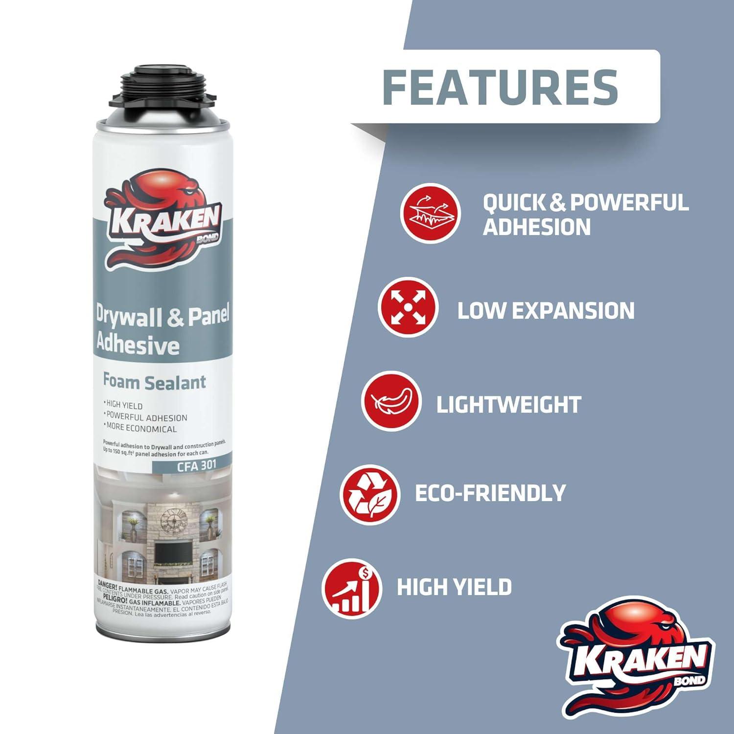 image:imageKRAKEN BOND Drywall amp Panel Adhesive Foam 12x24oz HeavyDuty FastCuring Construction Adhesive for Concrete Wood and Heat Insulation Applications 12 PackDrywall Panel Foam Pack