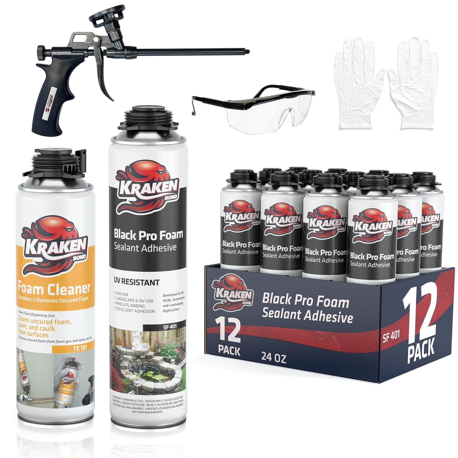 image:imageKraken Bond Black Spray Waterfall Foam Sealant 2x24oz Expanding Polyurethane Pond Foam Sealer Black UV Resistant Insulating Spray for Landscape amp Exterior Gun Use Gun Not Included 2 Pack12 Pack