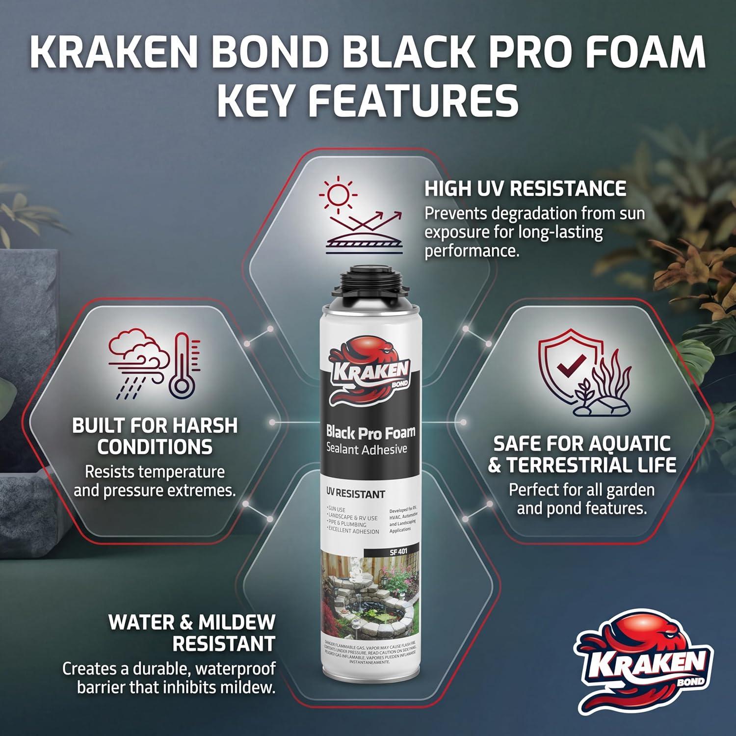 image:imageKraken Bond Black Spray Waterfall Foam Sealant 2x24oz Expanding Polyurethane Pond Foam Sealer Black UV Resistant Insulating Spray for Landscape amp Exterior Gun Use Gun Not Included 2 Pack24 Pack