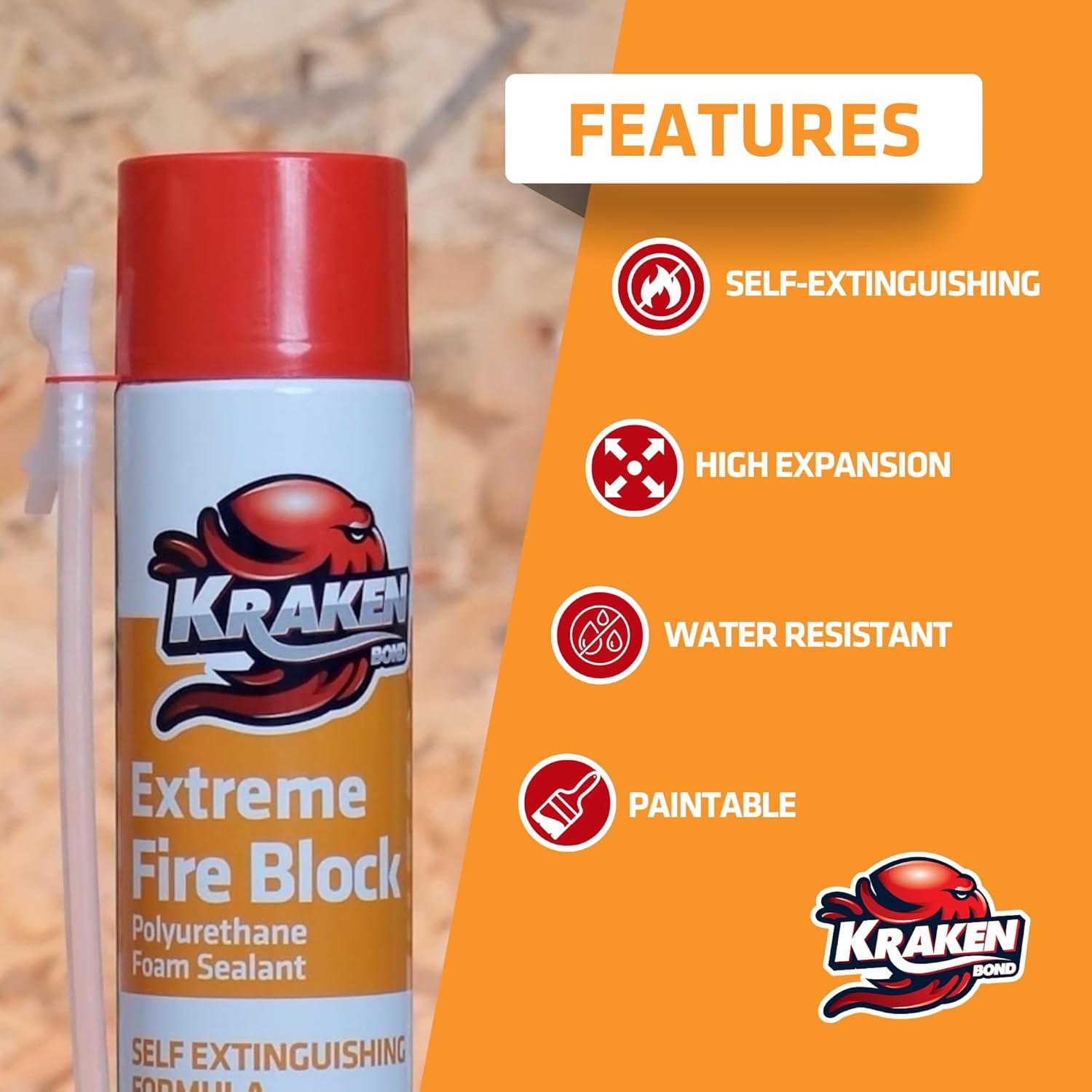 image:imageKraken Bond Extreme Orange Fire Block Foam 2x12oz Fire Rated Polyurethane Spray for Gap Filling Sealing on Windows Walls Joints amp Pipes Straw Use High Expansion Fire Proof Foam 2 Pack12 Pack