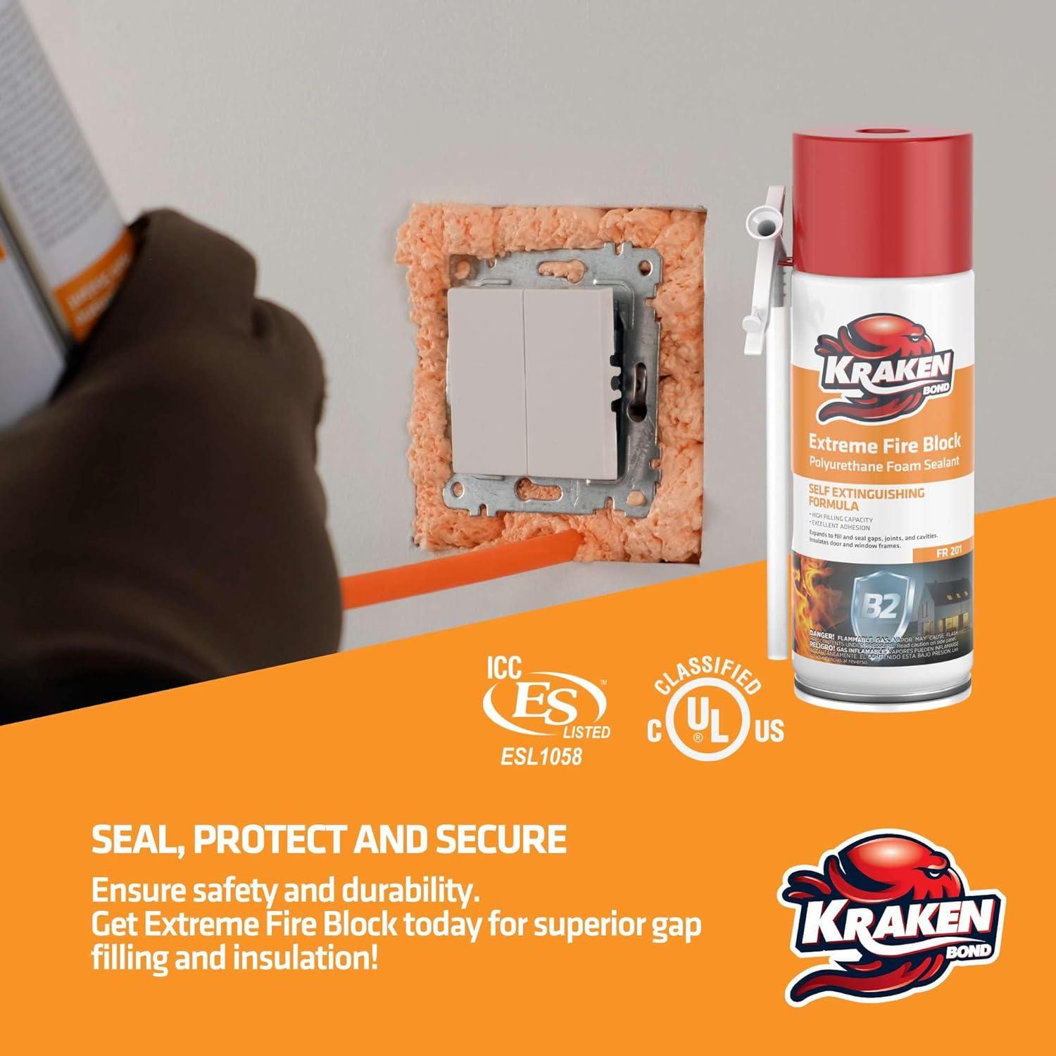 image:imageKraken Bond Extreme Orange Fire Block Foam 2x12oz Fire Rated Polyurethane Spray for Gap Filling Sealing on Windows Walls Joints amp Pipes Straw Use High Expansion Fire Proof Foam 2 Pack12 Pack
