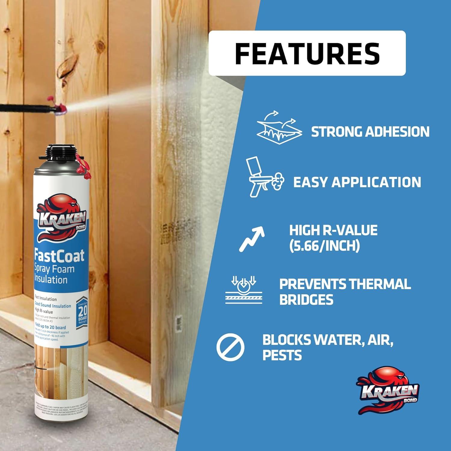 image:imageKraken Bond Fastcoat Fire Rated Spray Foam Insulation Kit 48x271 oz RValue 1132 2in Closed Cell Expanding Foam Heat and Acoustic Insulation Gun amp Cleaner Includes 960 Board Ft 48 Pack
