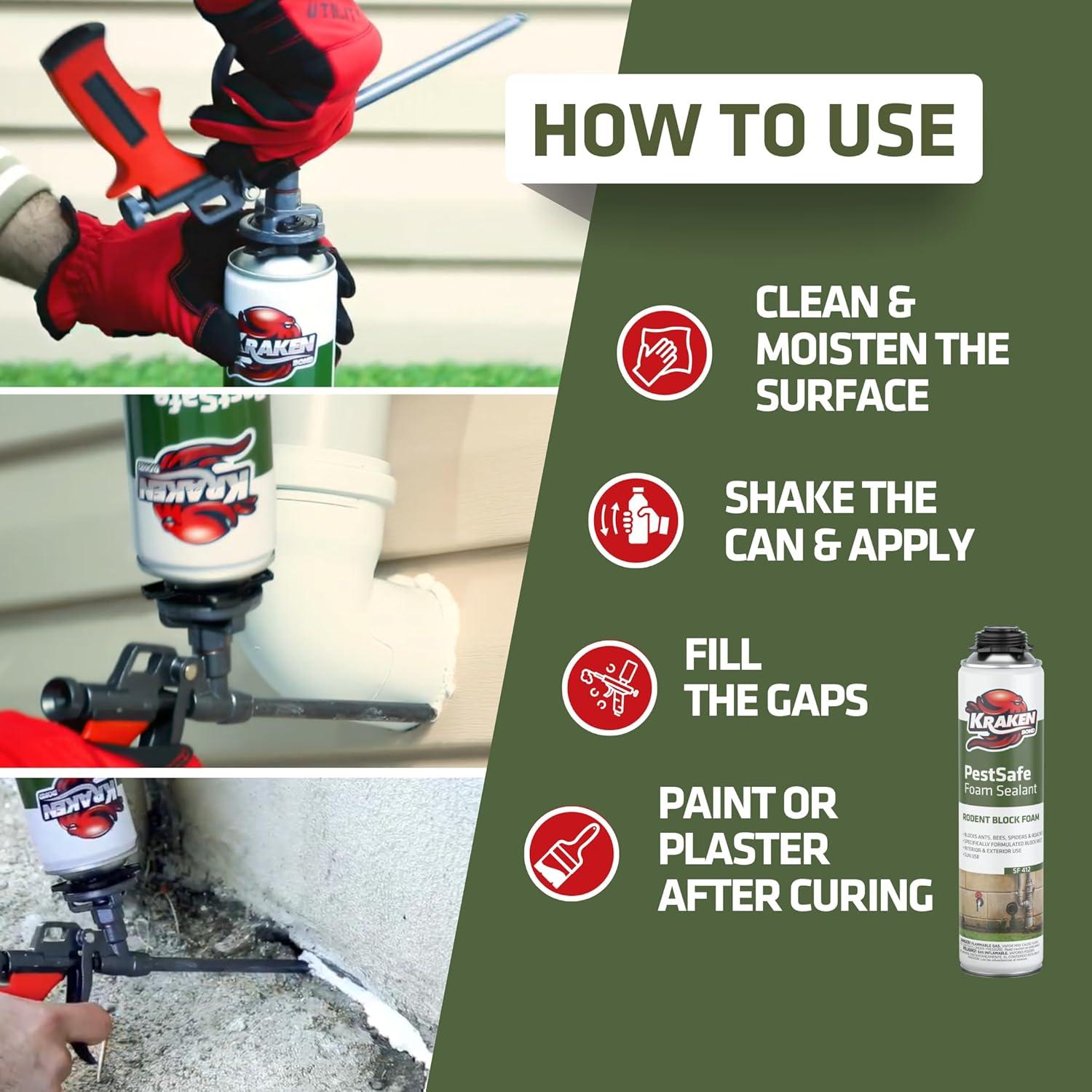 image:imageKraken Bond Pestblokc Spray Foam Sealant 12x24oz Polyurethane Expanding Foam for Gaps amp Cracks with Paintable Foam Filler for Wall Holes Gun Use GunampCleaner Included 12 Pack2 Pack