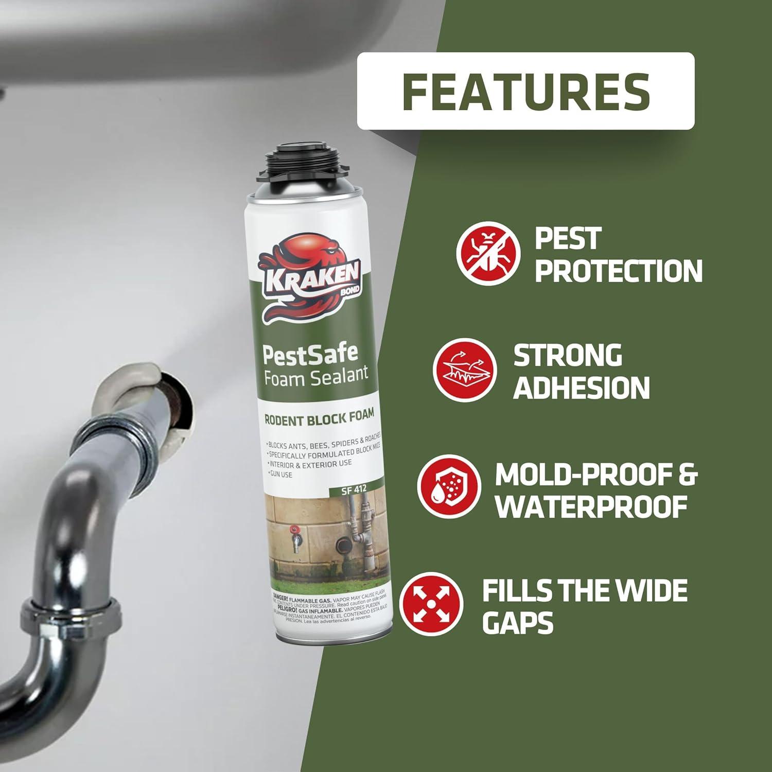 image:imageKraken Bond Pestblokc Spray Foam Sealant 12x24oz Polyurethane Expanding Foam for Gaps amp Cracks with Paintable Foam Filler for Wall Holes Gun Use GunampCleaner Included 12 Pack2 Pack
