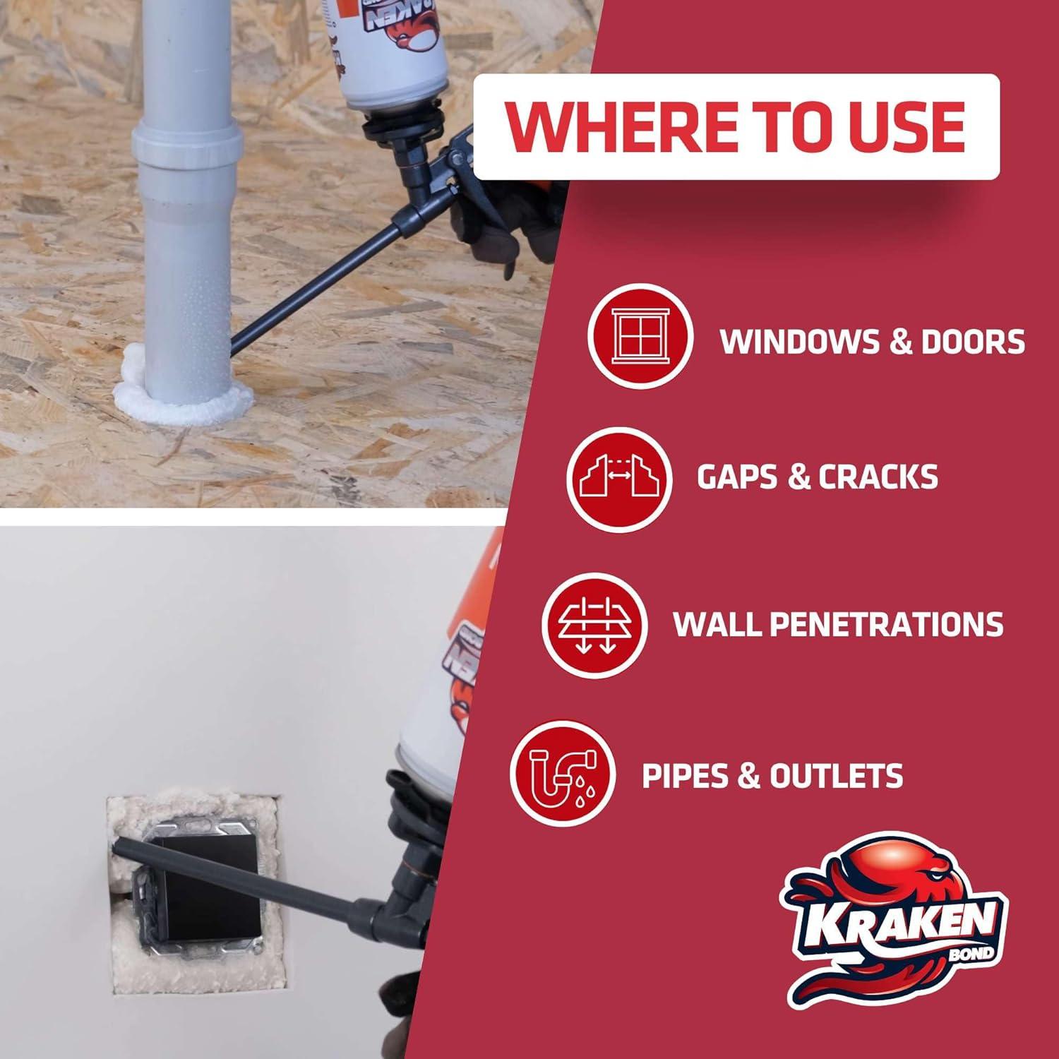 image:imageKraken Bond Window amp Door Expanding Foam Sealant 1x24oz Professional Gap Filling Gun Use Polyurethane Spray Foam Low Expansion Waterproof Gap Filler GunampCleaner Included 1 Pack2 Pack
