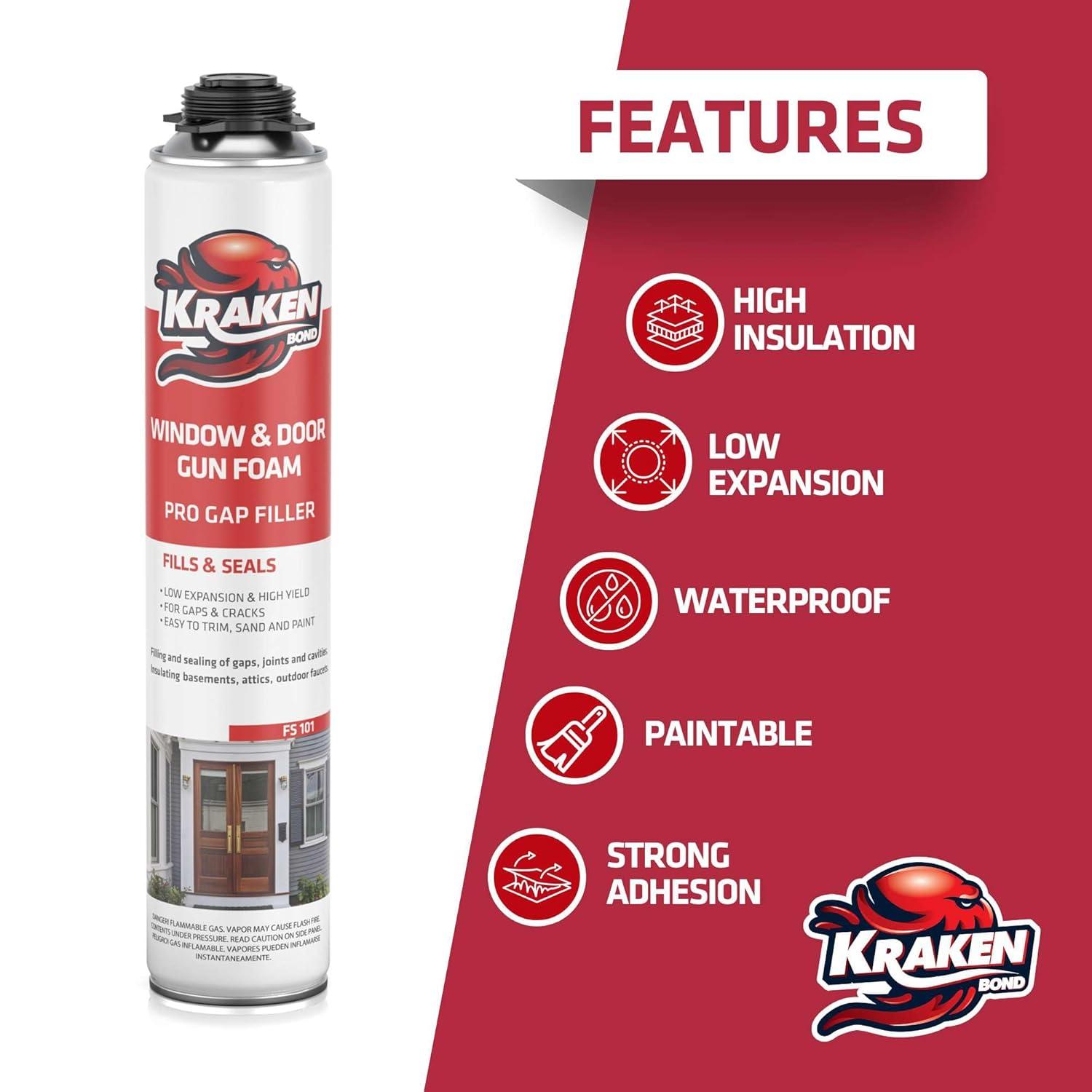 image:imageKraken Bond Window amp Door Expanding Foam Sealant 1x24oz Professional Gap Filling Gun Use Polyurethane Spray Foam Low Expansion Waterproof Gap Filler GunampCleaner Included 1 Pack2 Pack