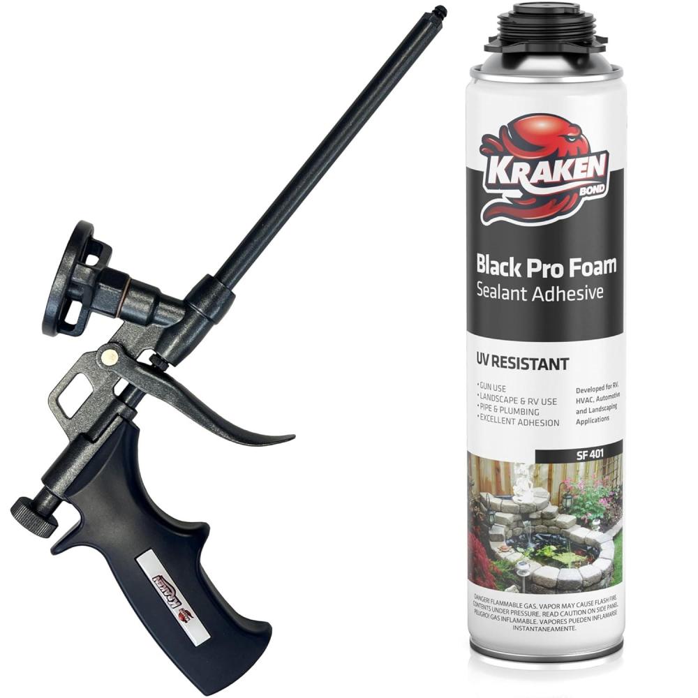image:imageKraken Bond Black Spray Waterfall Foam Sealant 1x24oz Expanding Polyurethane Pond Foam Sealer Black UV Resistant Insulating Spray for Landscape amp Exterior Gun Use Gun Included 1 Pack