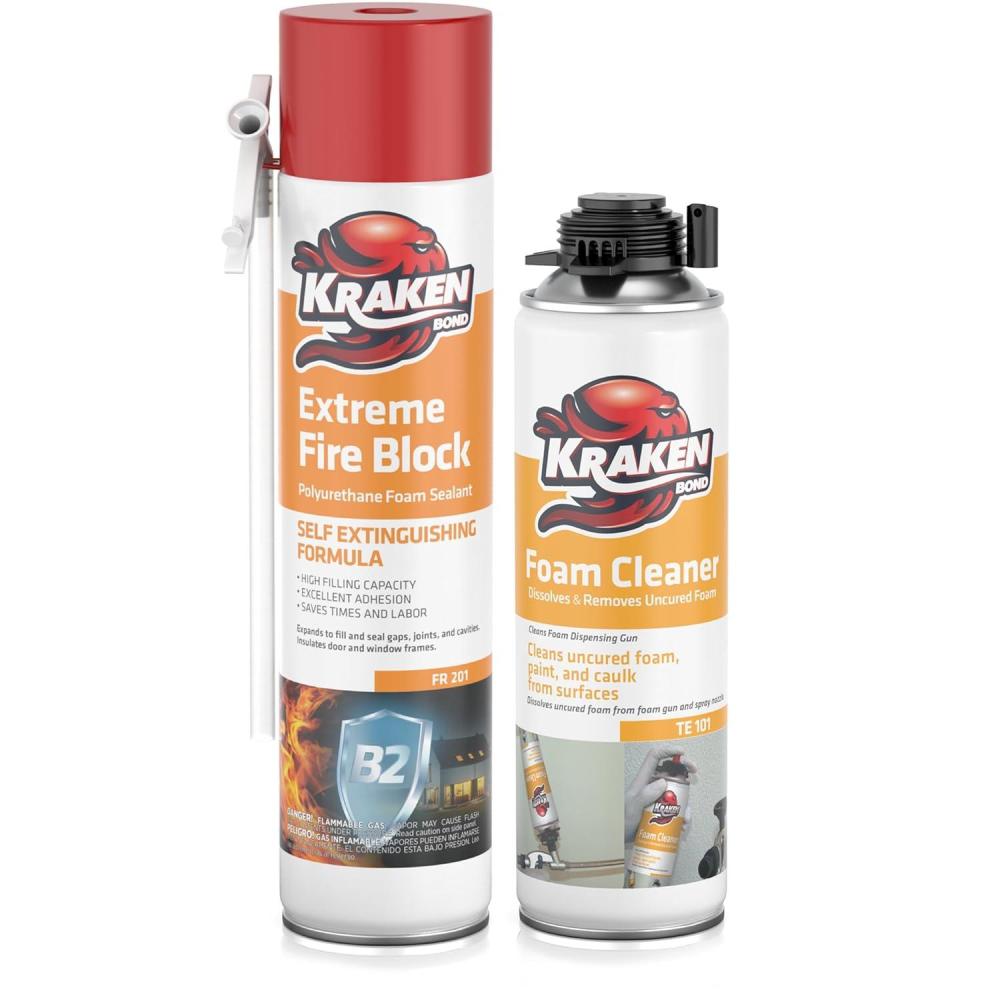 image:imageKraken Bond Extreme Orange Fire Block Foam 1x24oz Fire Rated Polyurethane Spray Foam for Gap Filling Sealing on Windows Walls Joints amp Pipes Straw Use Foam Cleaner Included 1 Pack