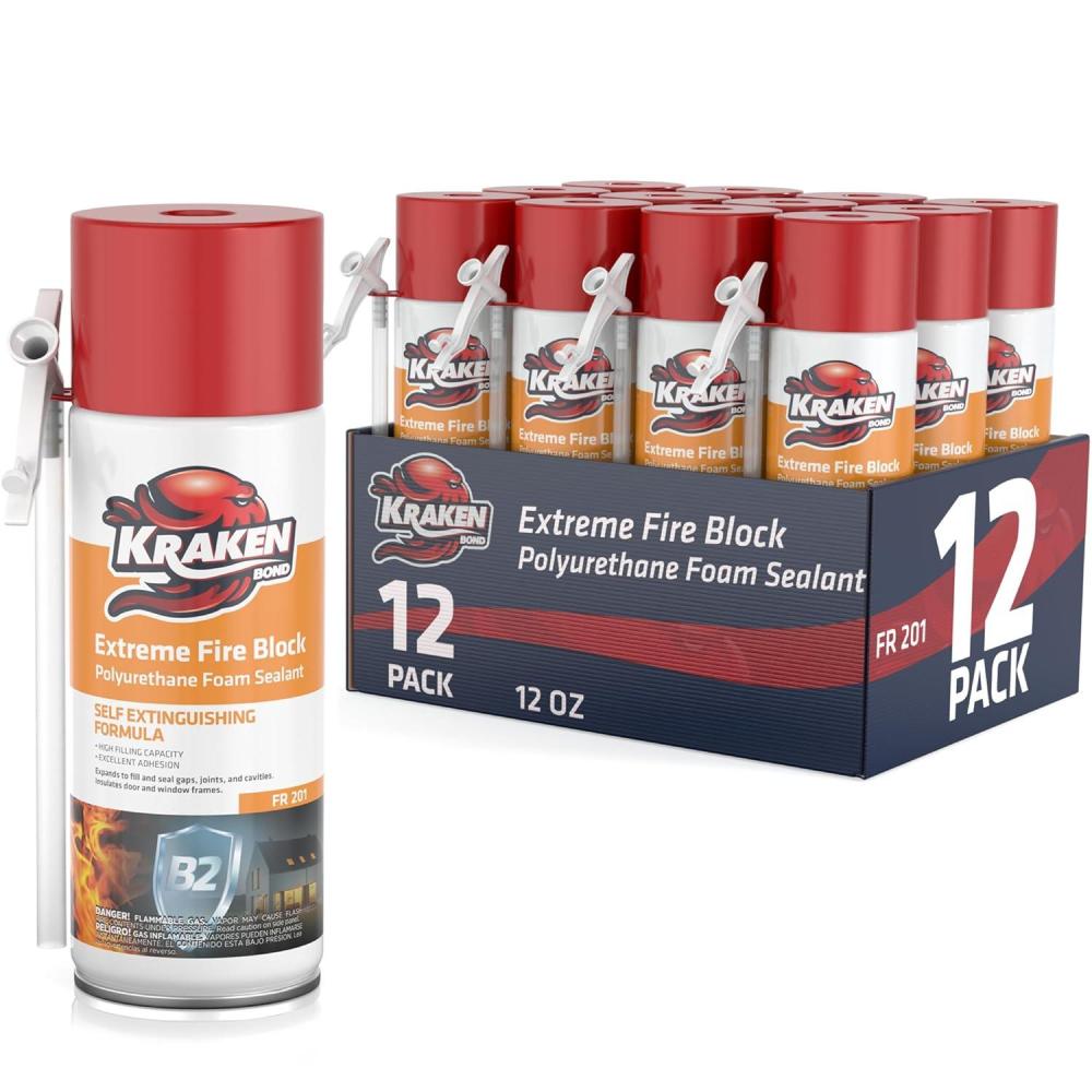 image:imageKraken Bond Extreme Orange Fire Block Foam 2x12oz Fire Rated Polyurethane Spray for Gap Filling Sealing on Windows Walls Joints amp Pipes Straw Use High Expansion Fire Proof Foam 2 Pack12 Pack
