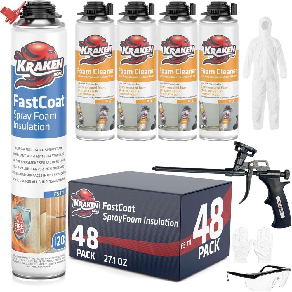 image:imageKraken Bond Fastcoat Fire Rated Spray Foam Insulation Kit 48x271 oz RValue 1132 2in Closed Cell Expanding Foam Heat and Acoustic Insulation Gun amp Cleaner Includes 960 Board Ft 48 Pack