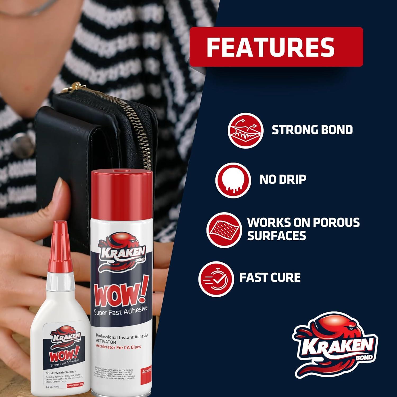 image:imageKraken Bond Wow CA Glue Set 2x175 oz Activator Spray 2x675 oz Super Fast Cyanoacrylate Adhesive Kit for Wood Plastic Ceramic Craft DIY Repair 2X Ext Bottles amp 10X Nozzles Inc 2 PackMedium Pack