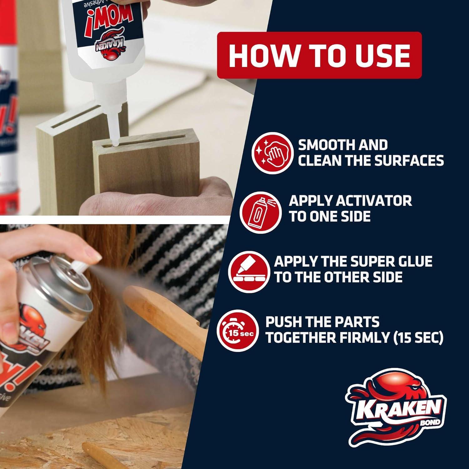 image:imageKraken Bond Wow CA Glue Set 2x44 oz Activator Spray 2x169 oz Super Fast Cyanoacrylate Adhesive Kit for Wood Plastic Ceramic Craft DIY Repair 2X Ext Bottles amp 10X Nozzles Inc 2 Pack1 Pack