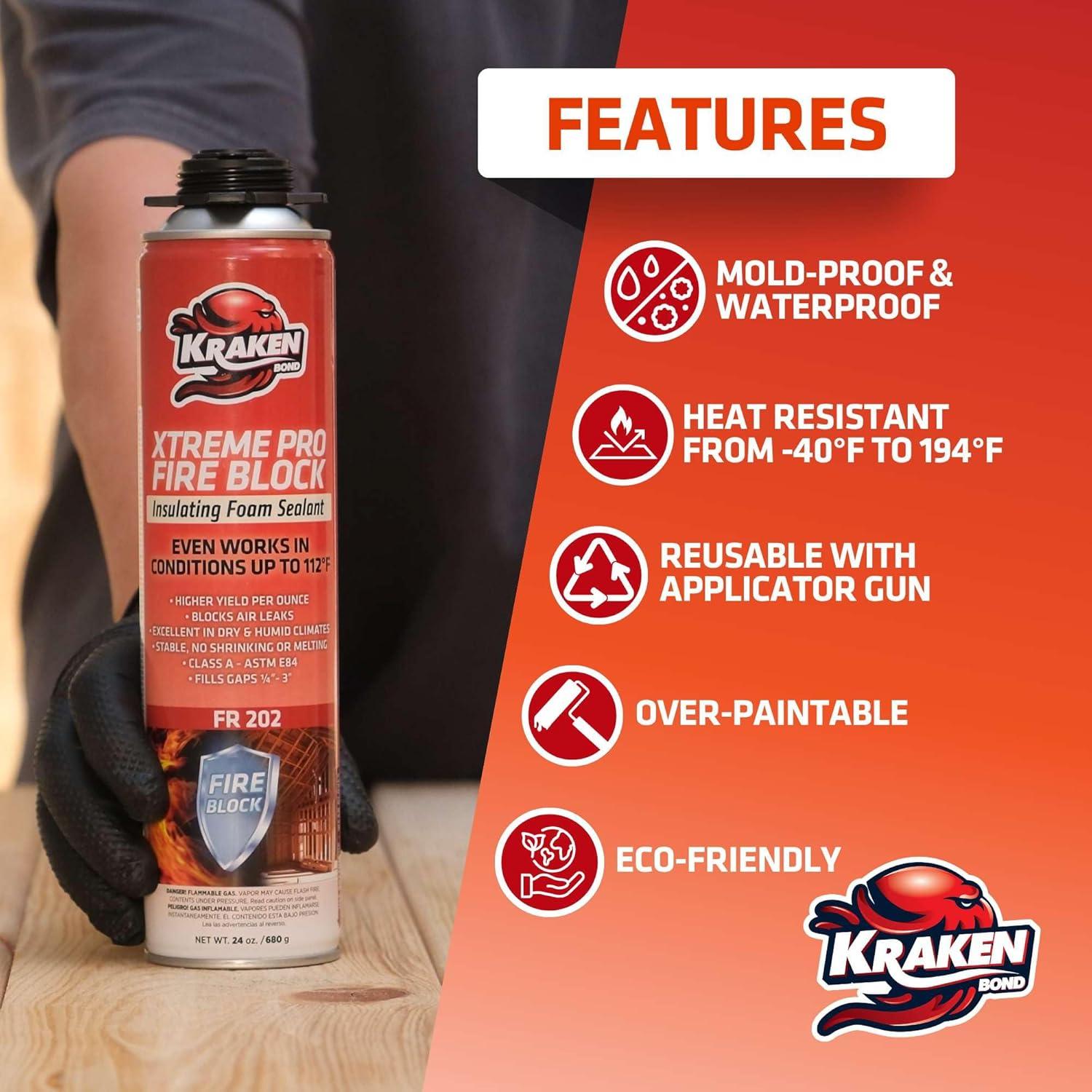 image:imageKraken Bond Xtreme Pro Fire Block Expanding Foam Sealant 12x24oz Professional Polyurethane Insulating Foam with Fire Block Technology High Heat Resistant and Waterproof Gun Included 12 Pack12 Pack