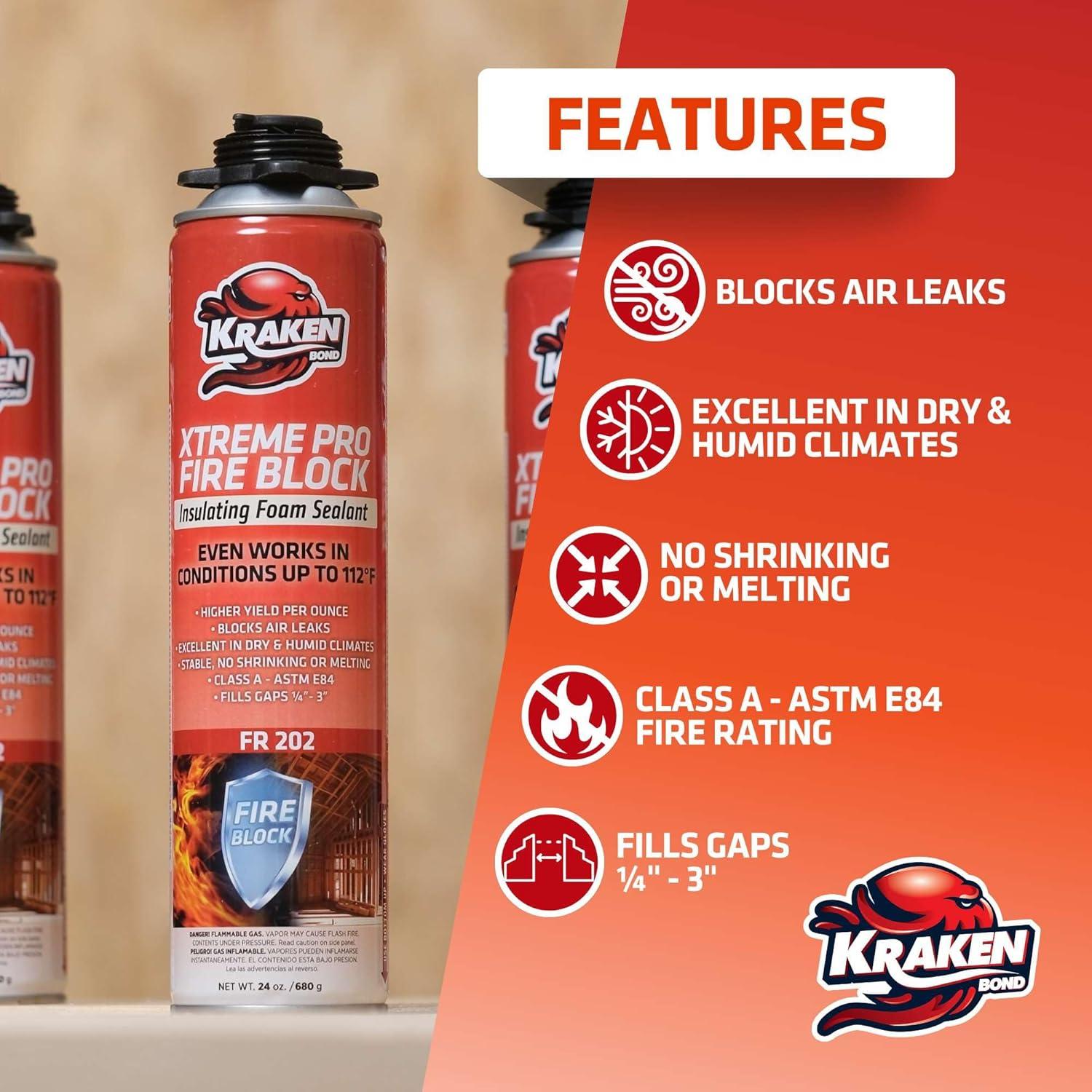 image:imageKraken Bond Xtreme Pro Fire Block Expanding Foam Sealant 12x24oz Professional Polyurethane Insulating Foam with Fire Block Technology High Heat Resistant and Waterproof Gun Included 12 Pack2 Pack