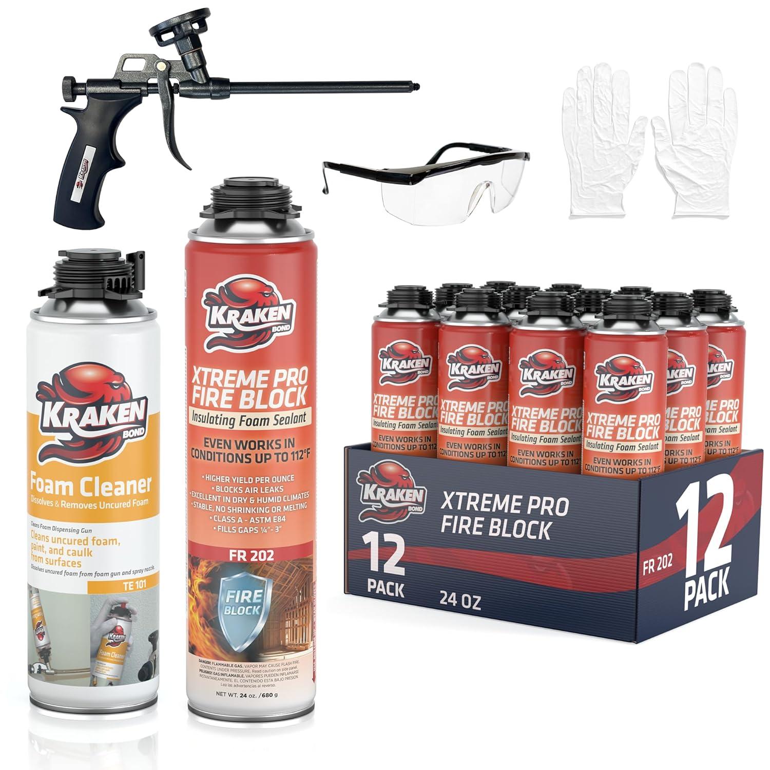 image:imageKraken Bond Xtreme Pro Fire Block Expanding Foam Sealant 12x24oz Professional Polyurethane Insulating Foam with Fire Block Technology High Heat Resistant and Waterproof Gun Included 12 Pack12 Pack