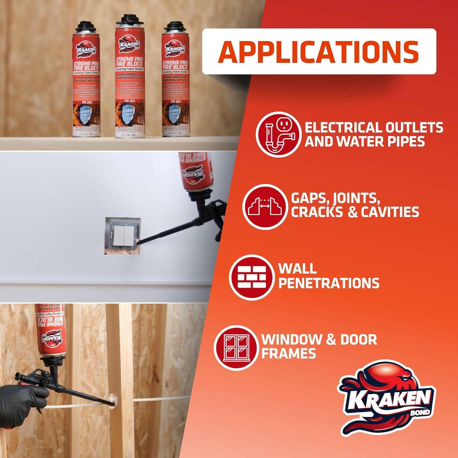 image:imageKraken Bond Xtreme Pro Fire Block Expanding Foam Sealant 12x24oz Professional Polyurethane Insulating Foam with Fire Block Technology High Heat Resistant and Waterproof Gun Included 12 Pack1 Pack