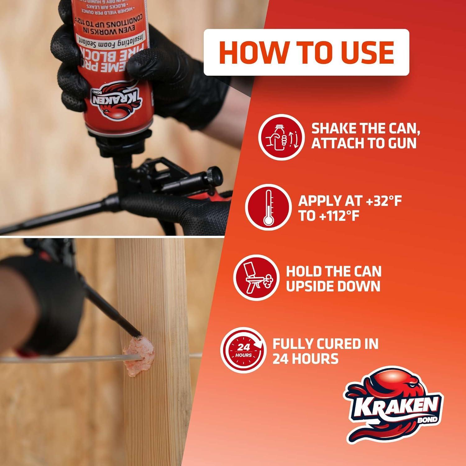 image:imageKraken Bond Xtreme Pro Fire Block Expanding Foam Sealant 12x24oz Professional Polyurethane Insulating Foam with Fire Block Technology High Heat Resistant and Waterproof Gun Included 12 Pack1 Pack