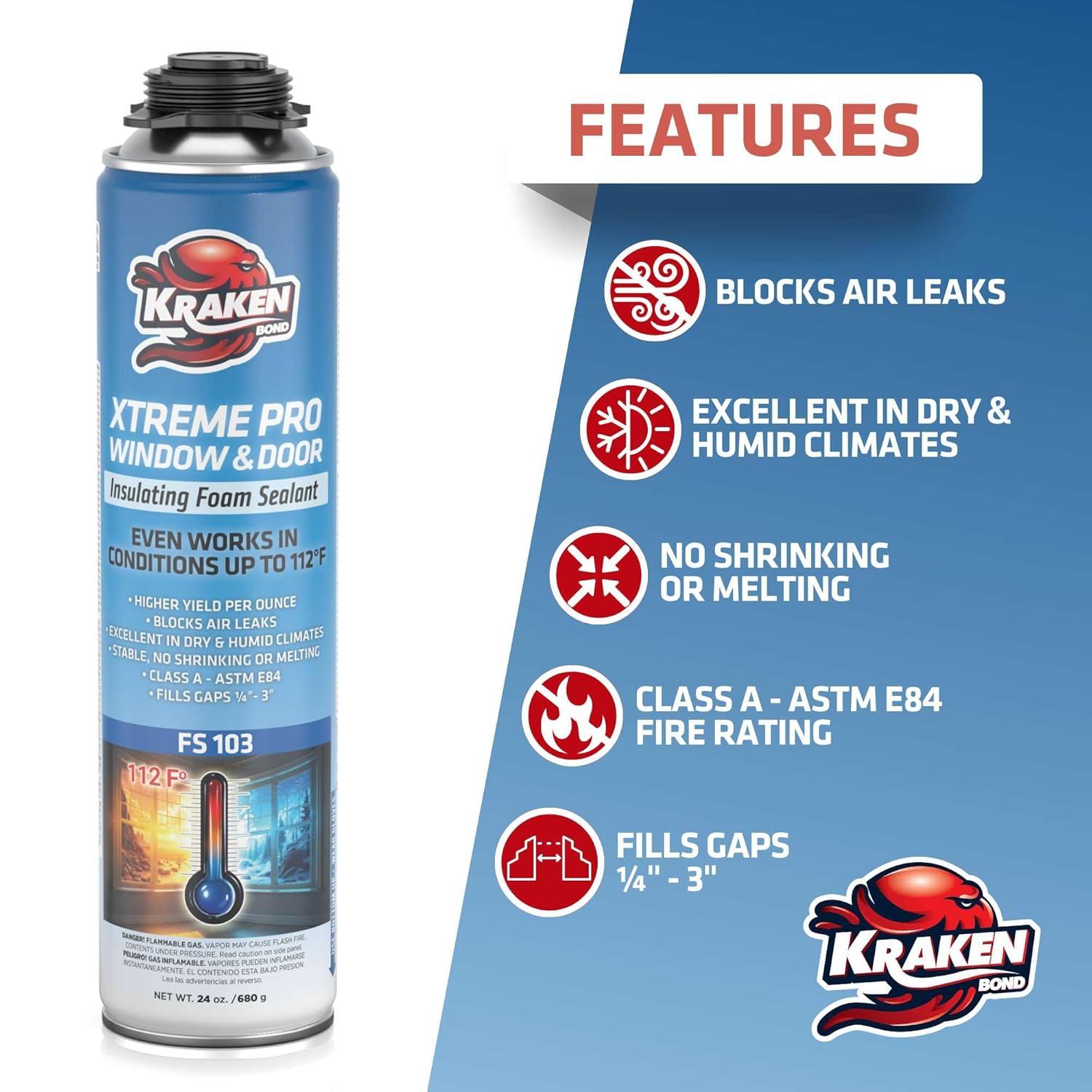 image:imageKraken Bond Xtreme Pro WindowampDoor Expanding Foam Sealant 12x24oz Professional Expansion Polyurethane Foam High Heat Resistant Waterproof Insulating Gap Filler GunampCleaner Included 12 Pack1 Pack