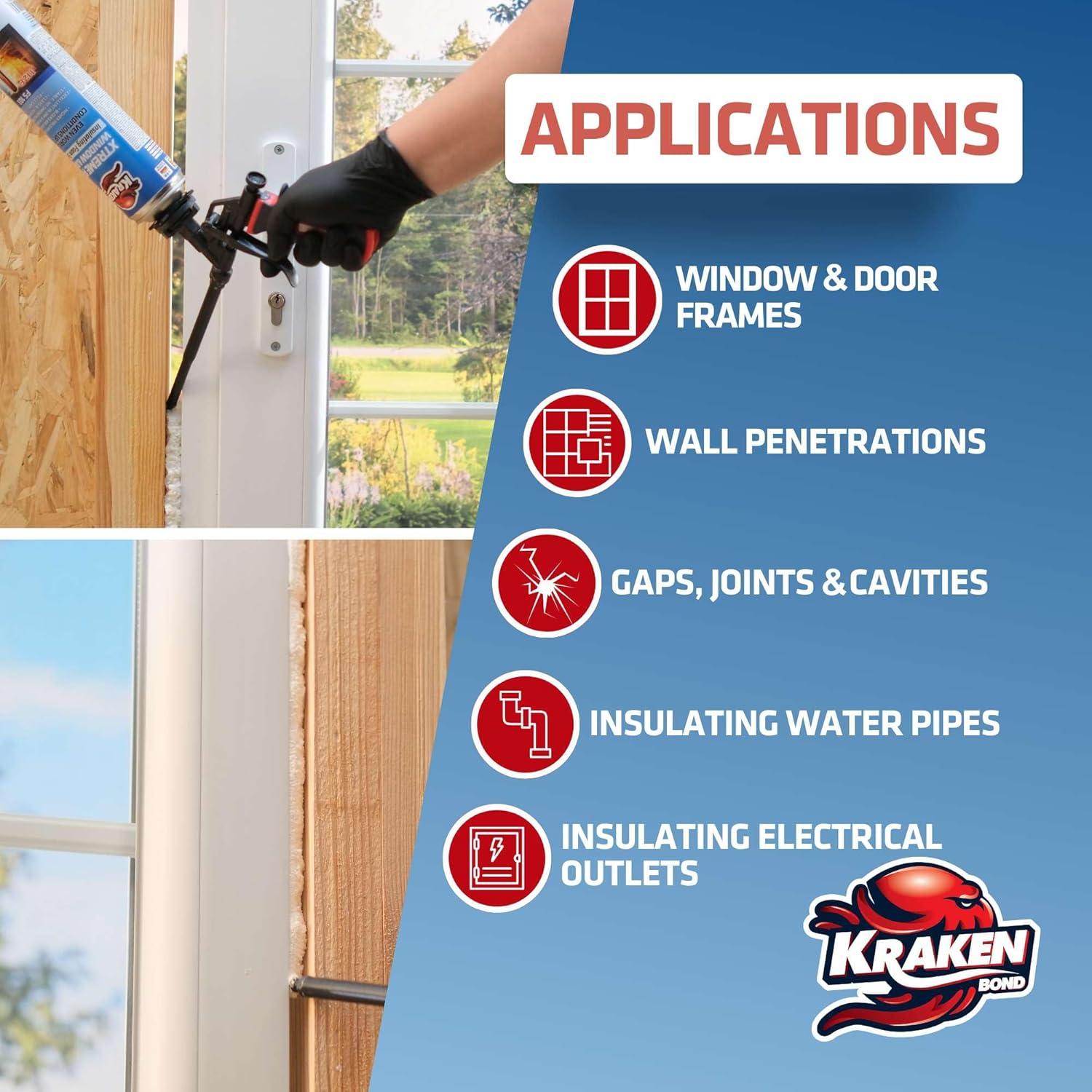 image:imageKraken Bond Xtreme Pro WindowampDoor Expanding Foam Sealant 12x24oz Professional Expansion Polyurethane Foam High Heat Resistant Waterproof Insulating Gap Filler GunampCleaner Included 12 Pack1 Pack