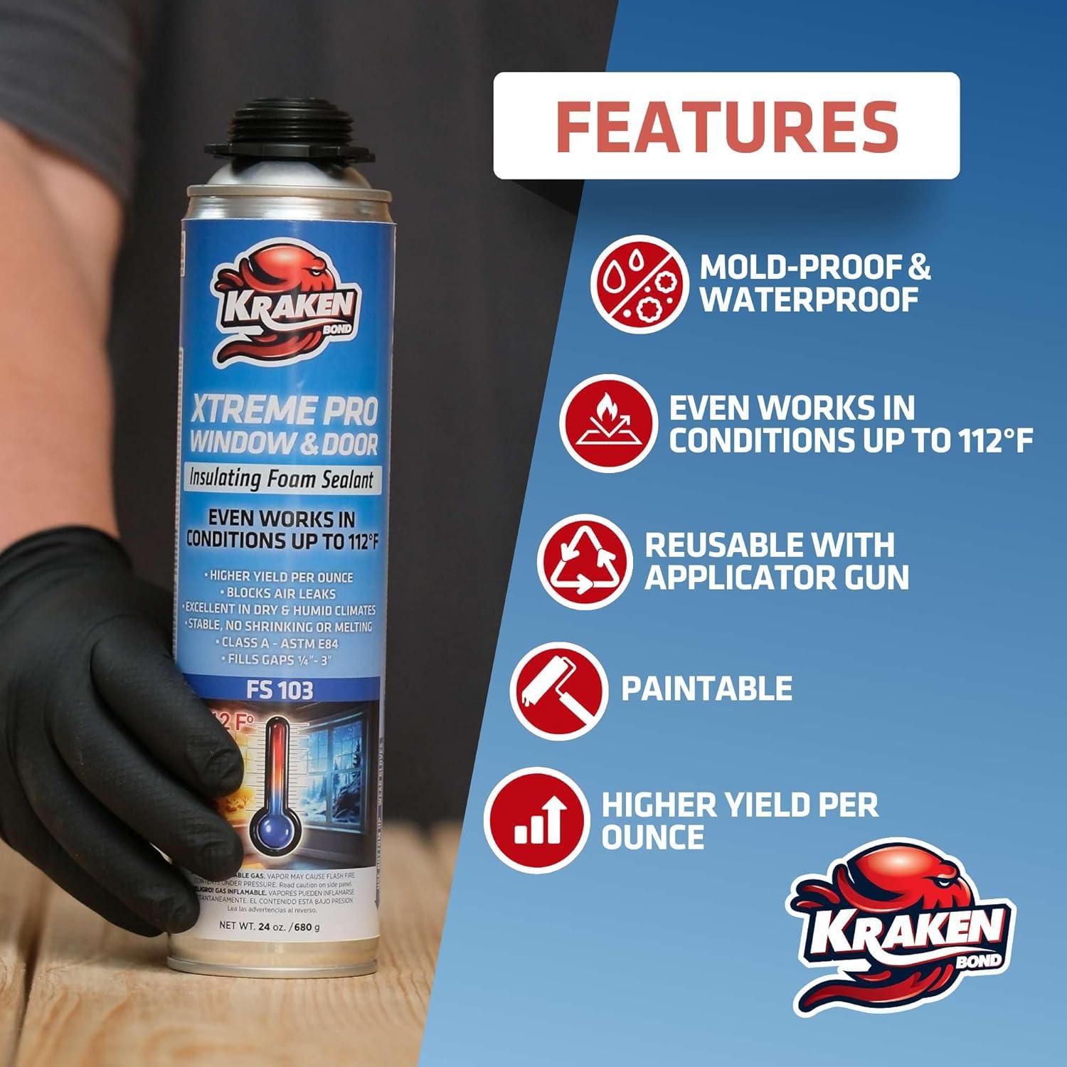image:imageKraken Bond Xtreme Pro WindowampDoor Expanding Foam Sealant 12x24oz Professional Expansion Polyurethane Foam High Heat Resistant Waterproof Insulating Gap Filler GunampCleaner Included 12 Pack1 Pack