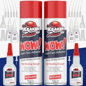 image:imageKraken Bond WOW CA Glue SET 2x44 oz with Activator Spray 2x169 oz Super Fast Cyanoacrylate Adhesive Kit for Wood Plastic Ceramic Craft DIY Repair 4X Ext Bottles amp 10X Nozzles Inc 2 PackXlarge Plus Pack