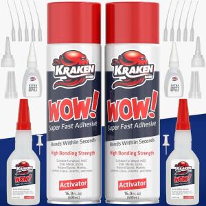 image:imageKraken Bond Wow CA Glue Set 2x44 oz  Activator Spray 2x169 oz Super Fast Cyanoacrylate Adhesive Kit for Wood Plastic Ceramic Craft DIY Repair  2X Ext Bottles amp 10X Nozzles Inc 2 PackXlarge Pack