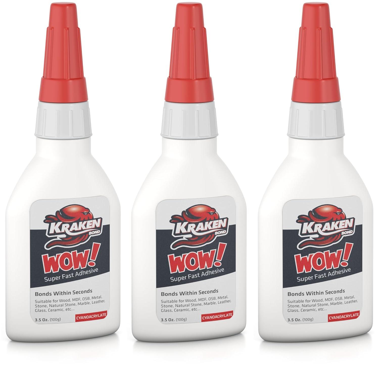 image:imageKRAKEN BOND Wow Super Crazy Glue Clear Strong Cyanoacrylate CA Glue for Plastic Metal Wood PVC Fast Curing Epoxy Adhesive 3 Pack 175 Oz3 Pack