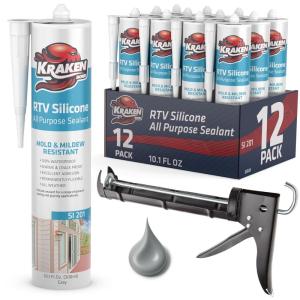 image:imageKraken Bond Gray Silicone Sealant Waterproof 10010 fl oz Cartridge  RTV Silicone Caulk Kitchen and Bathroom All Purpose Window Caulking Sealant Outdoor Exterior Use Silicon Gun Incl  12 Pack