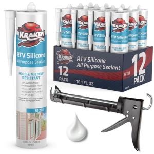 image:imageKraken Bond White Silicone Sealant Waterproof 10010 fl oz Cartridge  RTV Silicone Caulk Kitchen and Bathroom All Purpose Window Caulking Sealant Outdoor Exterior Use Silicon Gun Incl  12 Pack