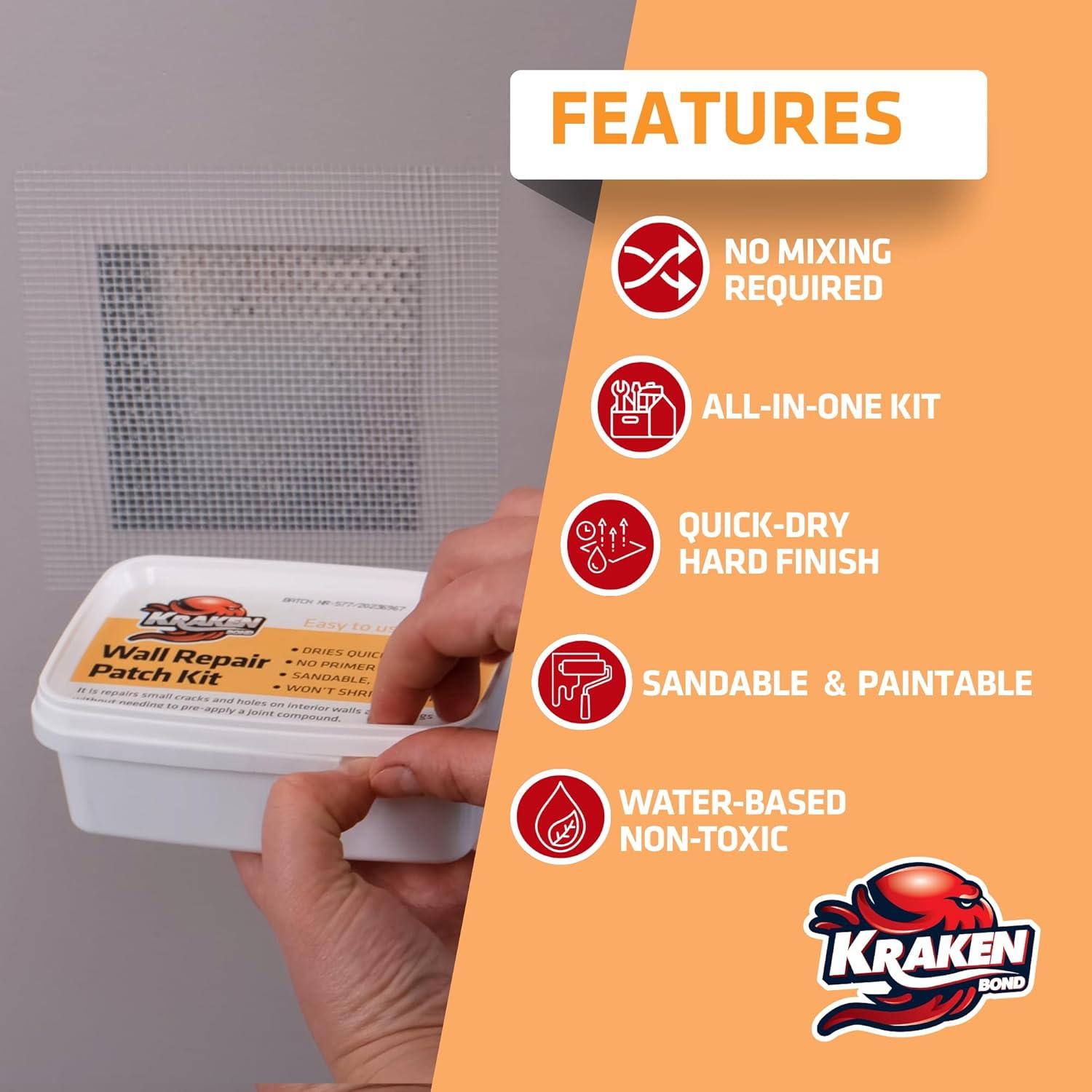 image:imageKraken Bond Drywall Patch Repair Kit 2x8 floz Easy to Use Wall Patch Repair Kit for Drywall Hole amp Cracks Includes Aluminum SelfAdhesive Patch Grit Sandpaper Plastic Putty Knife 2 Pack2 Pack