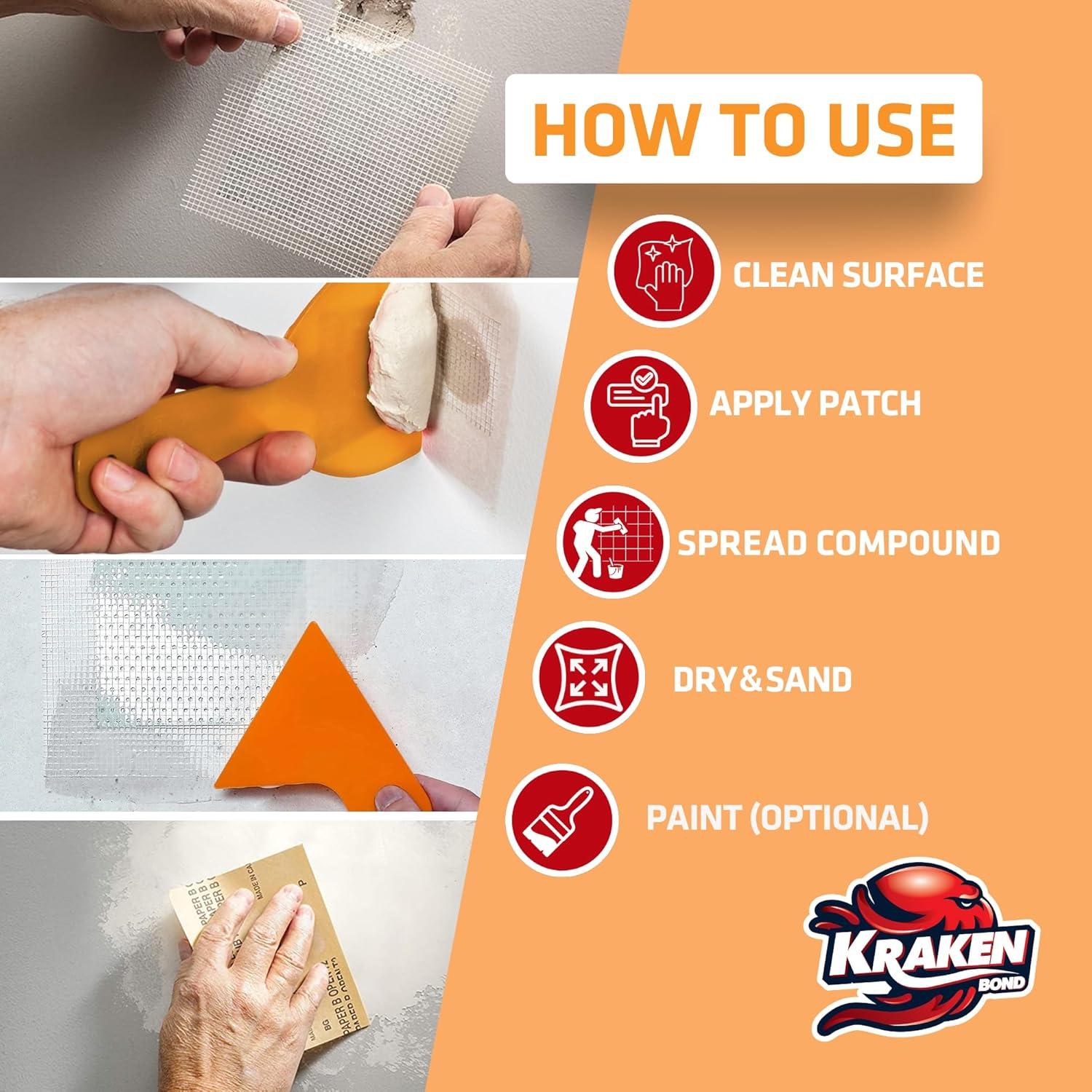 image:imageKraken Bond Drywall Patch Repair Kit 2x8 floz Easy to Use Wall Patch Repair Kit for Drywall Hole amp Cracks Includes Aluminum SelfAdhesive Patch Grit Sandpaper Plastic Putty Knife 2 Pack12 Pack