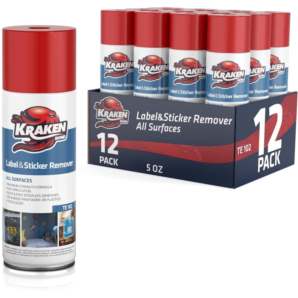 image:imageKRAKEN BOND Label amp Sticker Remover Spray 12x5oz QuickDissolve Adhesive Remover Spray with Citrus Scent Removes Tar Tape amp Bumper Stickers on Multiple Surfaces No Damage to Paint 12 Pack1 Count Pack of 12