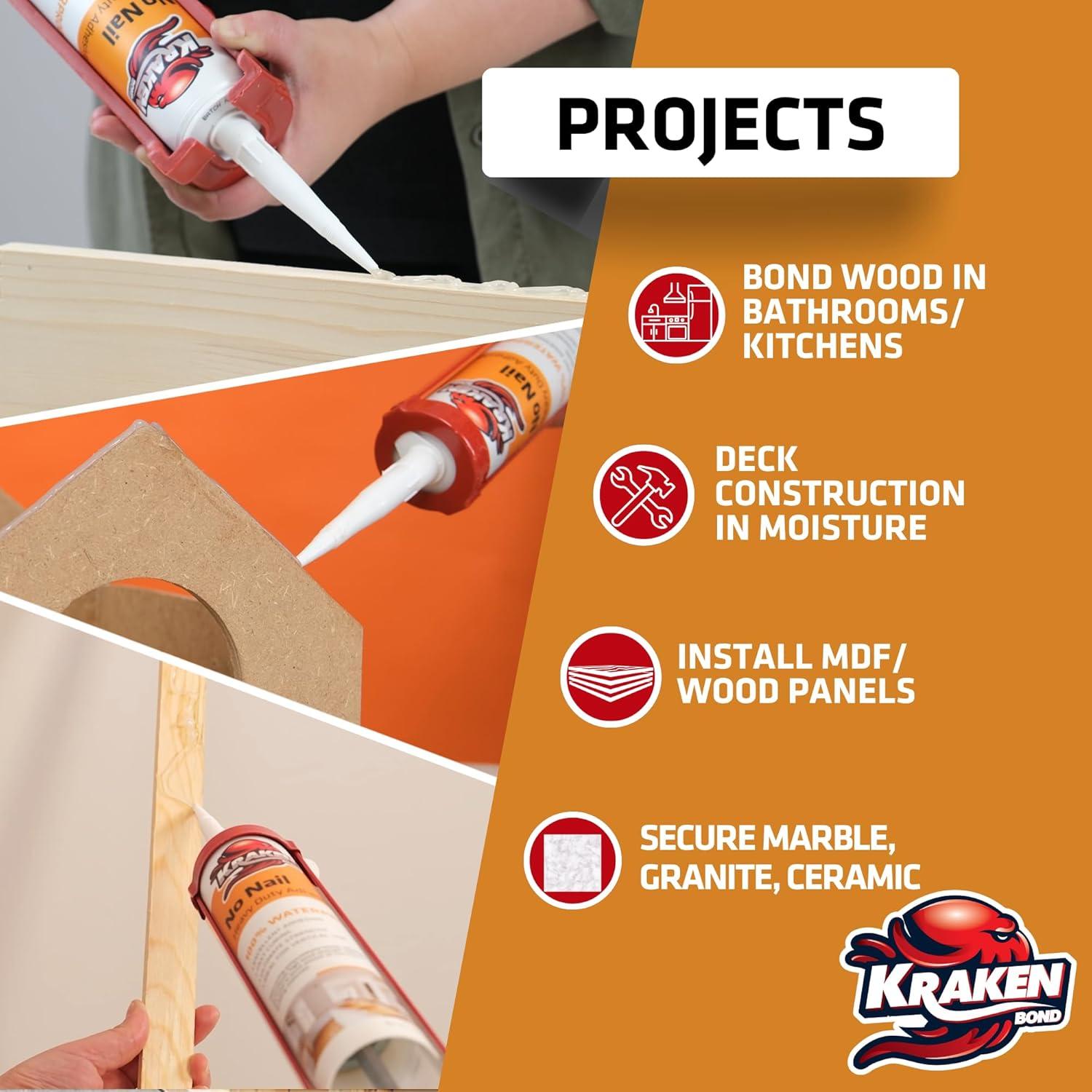 image:imageKraken Bond No More Nails Heavy Duty Clear Adhesive 12x101 Fl Oz 100 Waterproof amp Extra Strong Polyurethane Construction Sealant for Wood Ceramic Tile Floor Granite Rubber 12 Pack12 Pack
