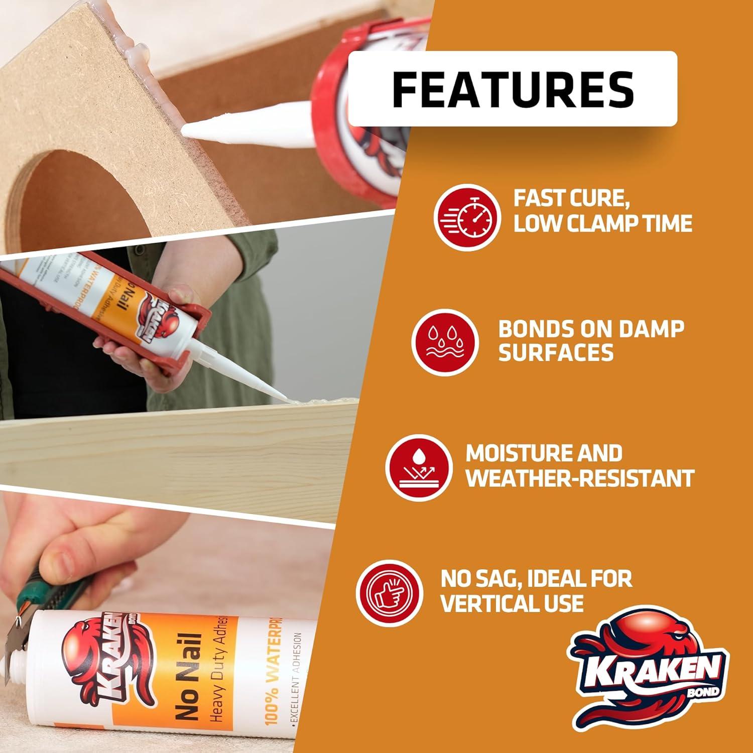 image:imageKraken Bond No More Nails Heavy Duty Clear Adhesive 1x101 Fl Oz 100 Waterproof amp Extra Strong Polyurethane Construction Sealant for Wood Ceramic Tile Floor Granite Rubber 1 Pack12 Pack