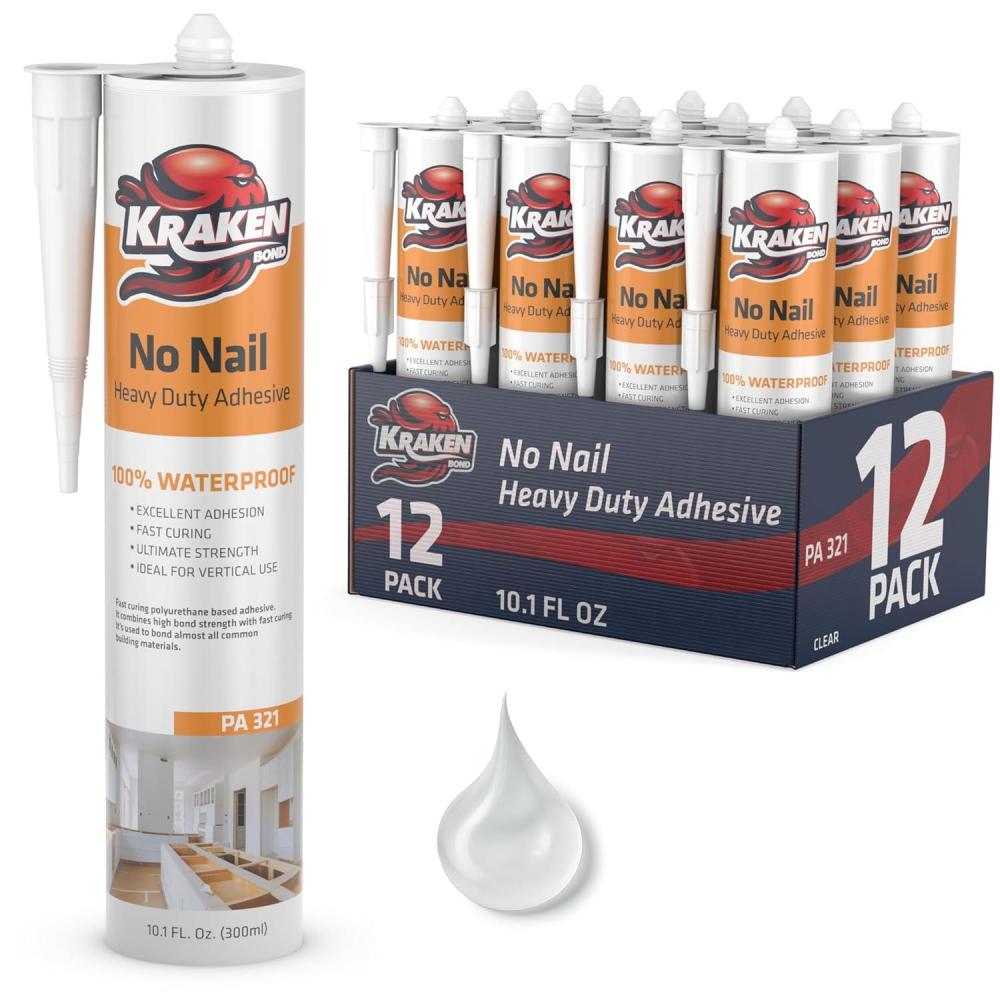 image:imageKraken Bond No More Nails Heavy Duty Clear Adhesive 12x101 Fl Oz 100 Waterproof amp Extra Strong Polyurethane Construction Sealant for Wood Ceramic Tile Floor Granite Rubber 12 Pack12 Pack