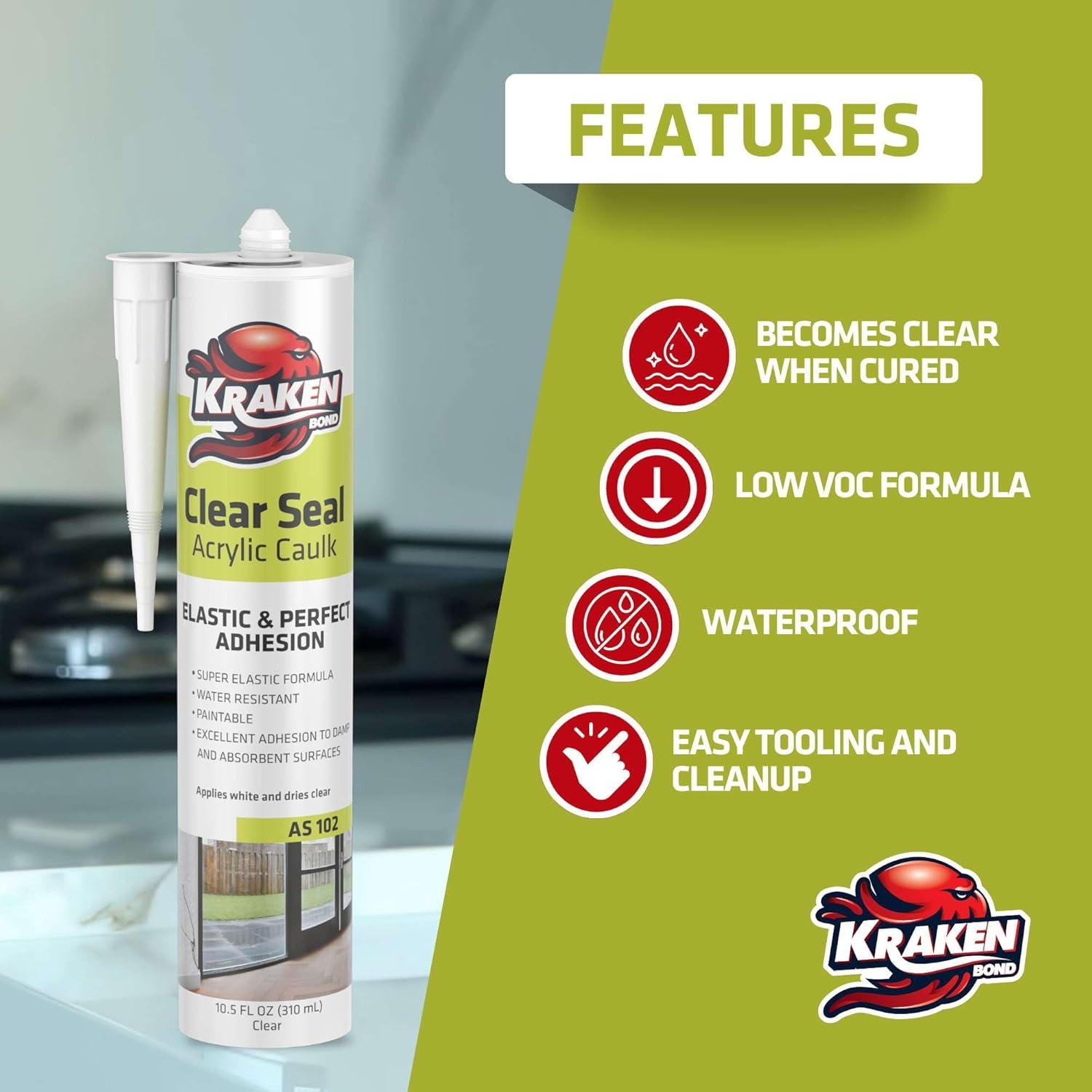image:imageKraken Bond Clear Seal Latex Caulk 2x105 floz Extrudes White Dries Clear Low VOC Paintable Kitchen amp Bath InteriorExterior Window Caulking Sealant for Wood Brick Concrete 2 Pack12 Pack