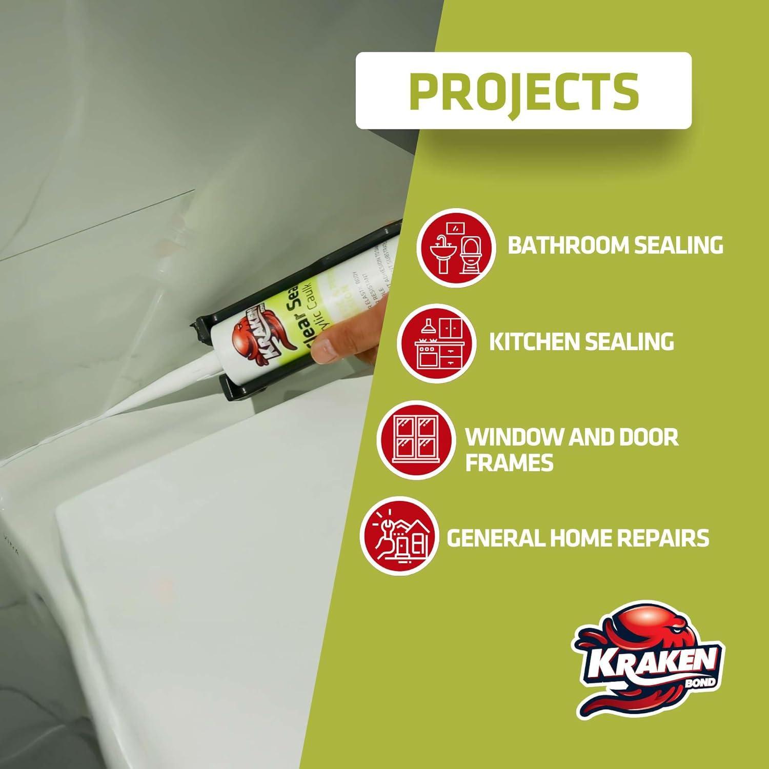 image:imageKraken Bond Clear Seal Latex Caulk 2x105 floz Extrudes White Dries Clear Low VOC Paintable Kitchen amp Bath InteriorExterior Window Caulking Sealant for Wood Brick Concrete 2 Pack1 Pack