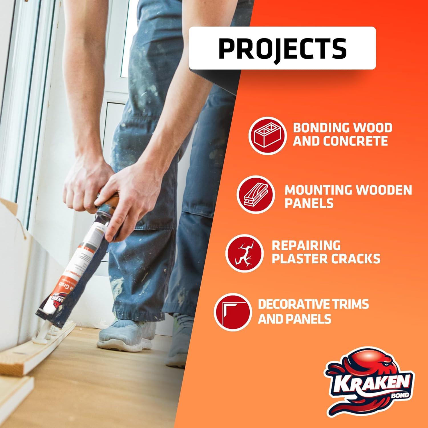 image:imageKraken Bond White Heavy Duty Construction Adhesive 12x101 fl oz Fast Cure Tile Adhesive for Professional amp DIY Projects Quick Grab for Wall Panels Tile Marble Granite 12 Pack12 Pack