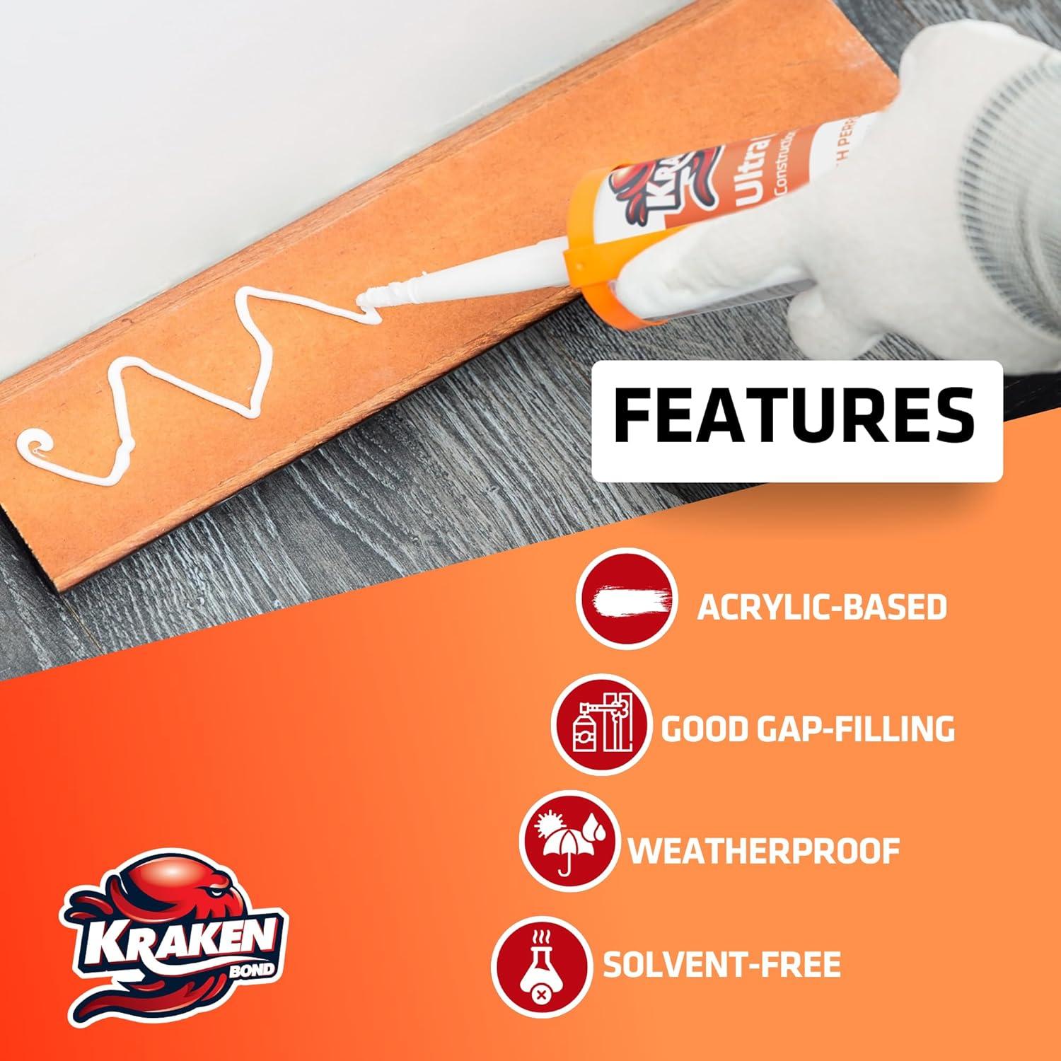 image:imageKraken Bond White Heavy Duty Construction Adhesive 12x101 fl oz Fast Cure Tile Adhesive for Professional amp DIY Projects Quick Grab for Wall Panels Tile Marble Granite 12 Pack12 Pack
