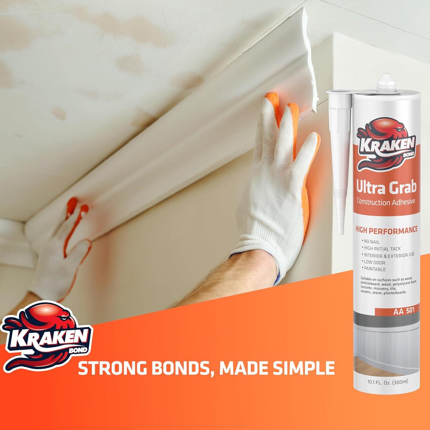 image:imageKraken Bond White Heavy Duty Construction Adhesive 12x101 fl oz Fast Cure Tile Adhesive for Professional amp DIY Projects Quick Grab for Wall Panels Tile Marble Granite 12 Pack12 Pack