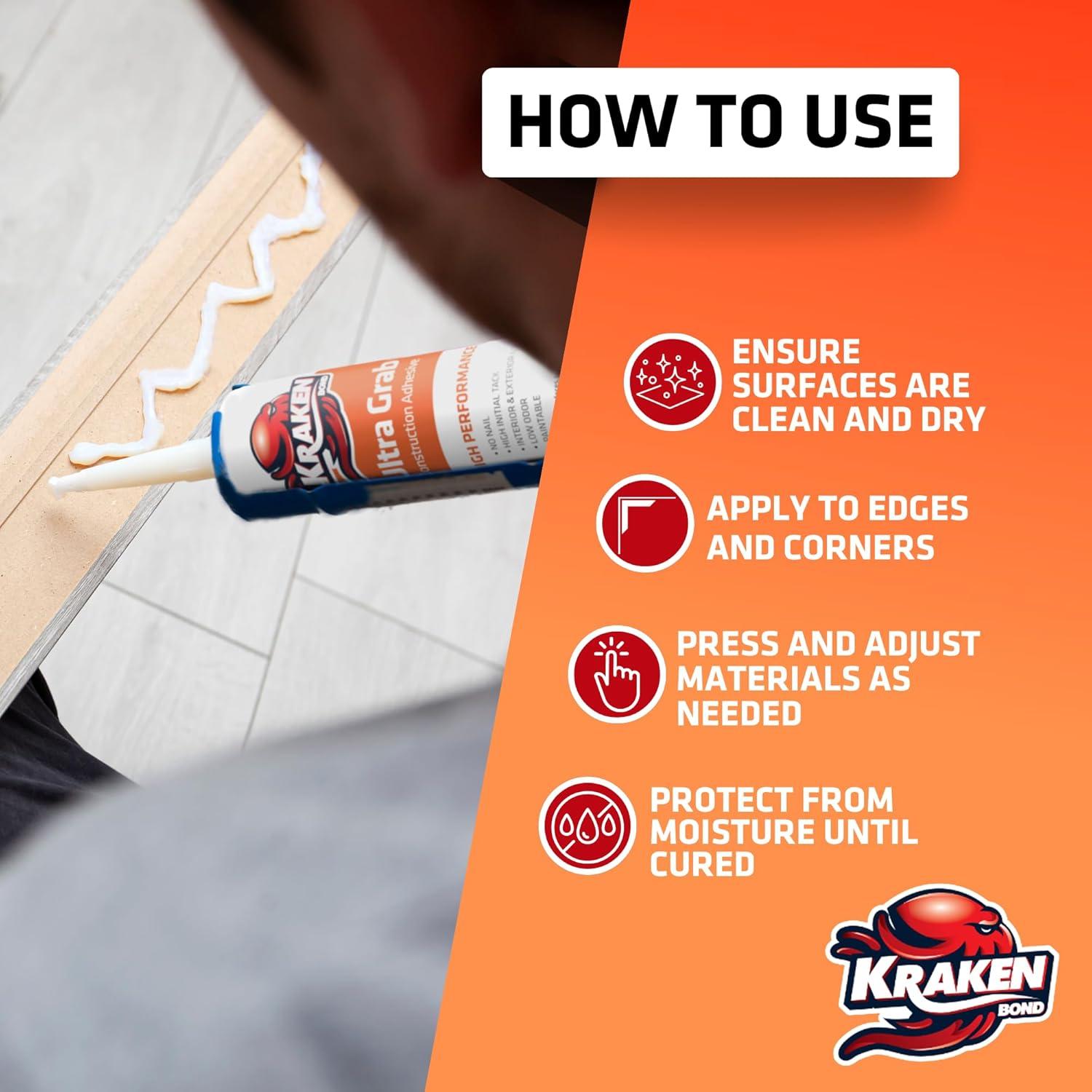 image:imageKraken Bond White Heavy Duty Construction Adhesive 12x101 fl oz Fast Cure Tile Adhesive for Professional amp DIY Projects Quick Grab for Wall Panels Tile Marble Granite 12 Pack12 Pack