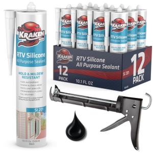 image:imageKraken Bond Black Silicone Sealant Waterproof 10010 fl oz Cartridge RTV Silicone Caulk Kitchen and Bathroom All Purpose Window Caulking Sealant Outdoor RV Gun Included  12 Pack