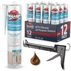 image:imageKraken Bond Brown Silicone Sealant Waterproof 10010 fl oz Cartridge  RTV Silicone Caulk Kitchen and Bathroom All Purpose Window Caulking Sealant Outdoor Exterior Use Silicon Gun Incl  12 Pack